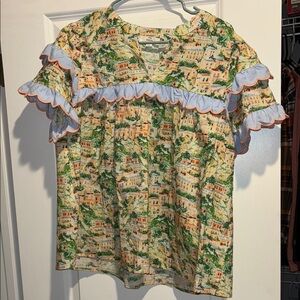 Entro Relaxed Ruffled Blouse Tan Green